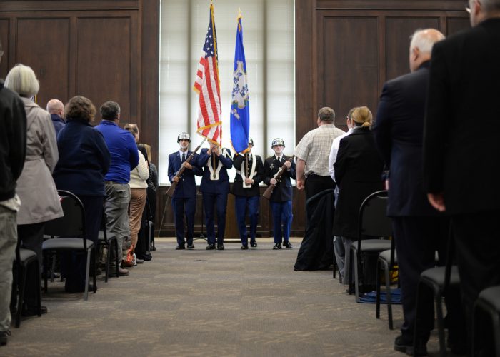 UConn Army and Air Force ROTC joint Color Guard perform the Presentation of the Colors