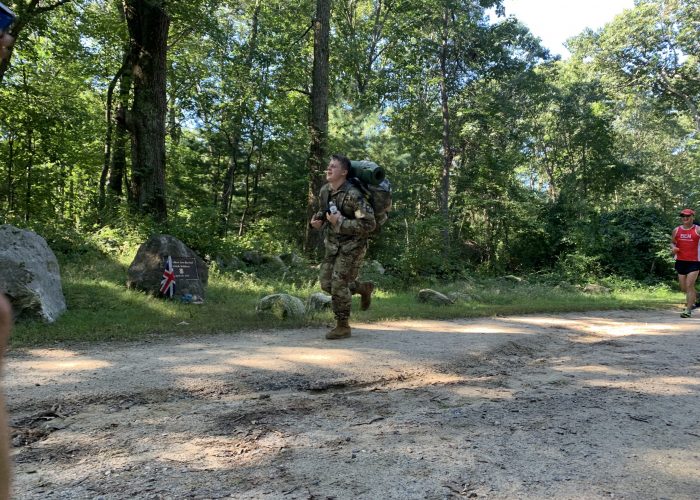 A cadet in training for the 12 mile ruck march.