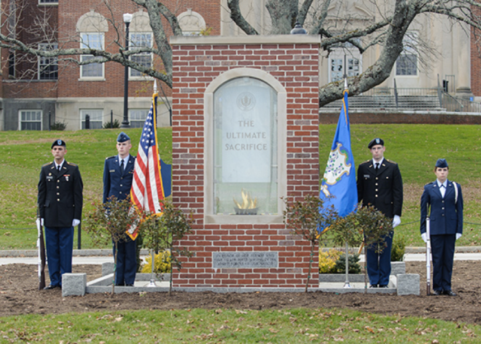 Student Veterans, ROTC, and the general public attend the Veterans Day event on Memorial Field