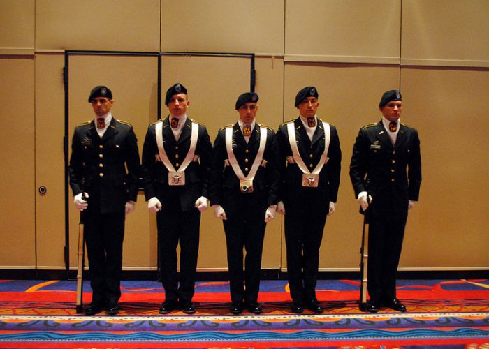 The Army ROTC Color Guard at attention