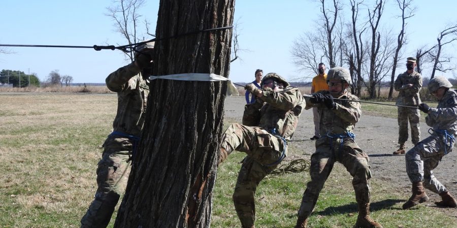 Cadets construct a one-rope bridge during the Brigade Ranger Challenge 2021 event