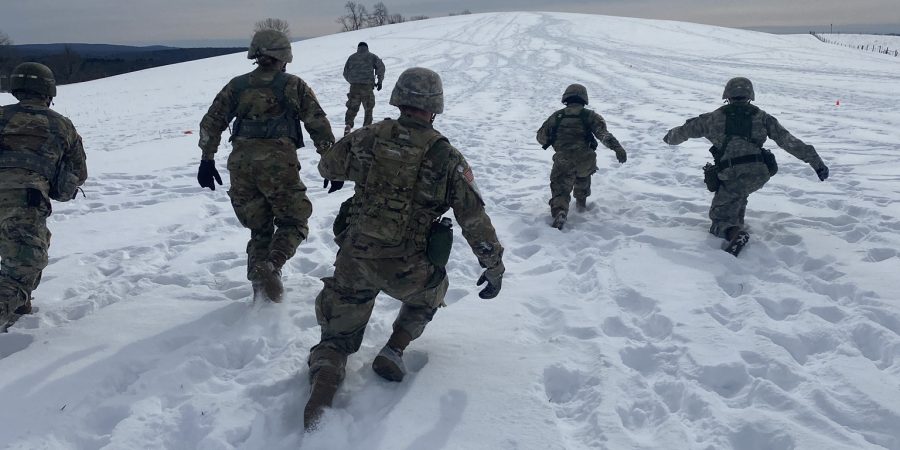Cadets conduct tactical physical training in snowy conditions