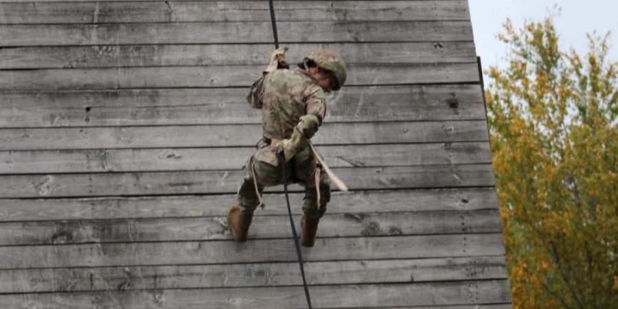 Cadet rappels down 30 meter tower