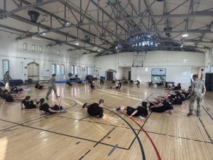 Army ROTC cadets perform the first PT session of the fall 2025 semester in the Hawley Armory