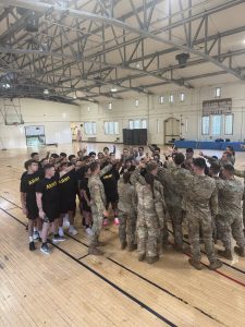 Army ROTC Cadets in the Hawley Armory gymnasium after PT